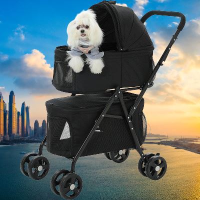 Poussette pour chien noire PetStroller™ – modèle pliable avec fenêtres respirantes
