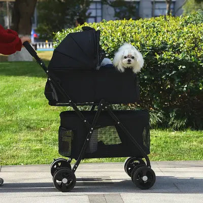 Poussette pour chien noire PetStroller™ – modèle pliable avec fenêtres respirantes