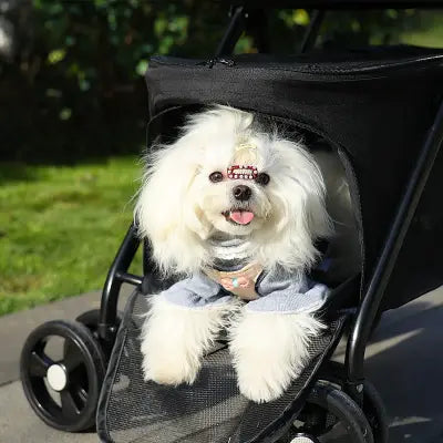 Poussette pour chien noire PetStroller™ – modèle pliable avec fenêtres respirantes