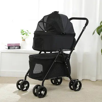 Poussette pour chien noire PetStroller™ – modèle pliable avec fenêtres respirantes