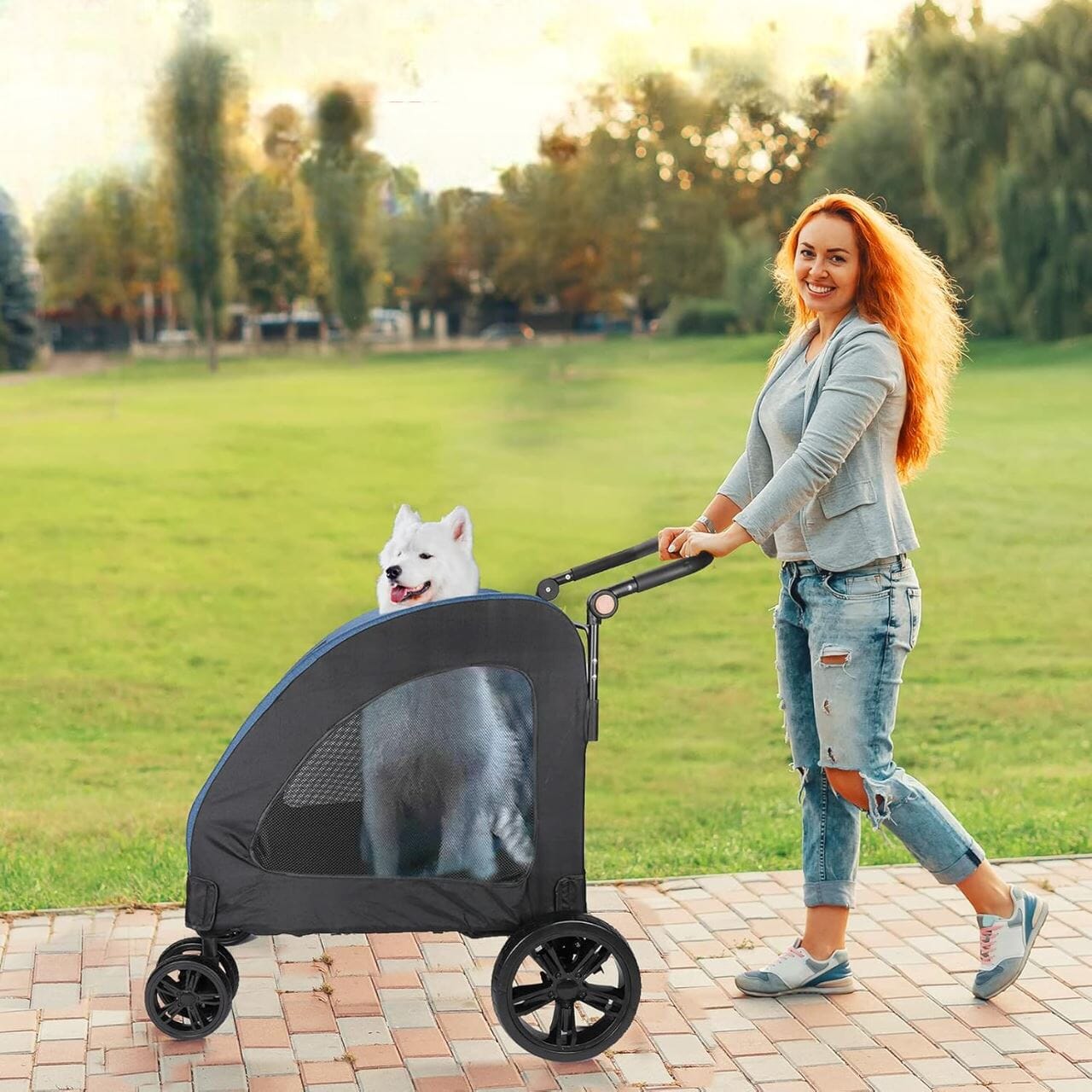 Poussette pour chien StrollyPet™ bleue – robuste et sécurisée pour petits chiens
